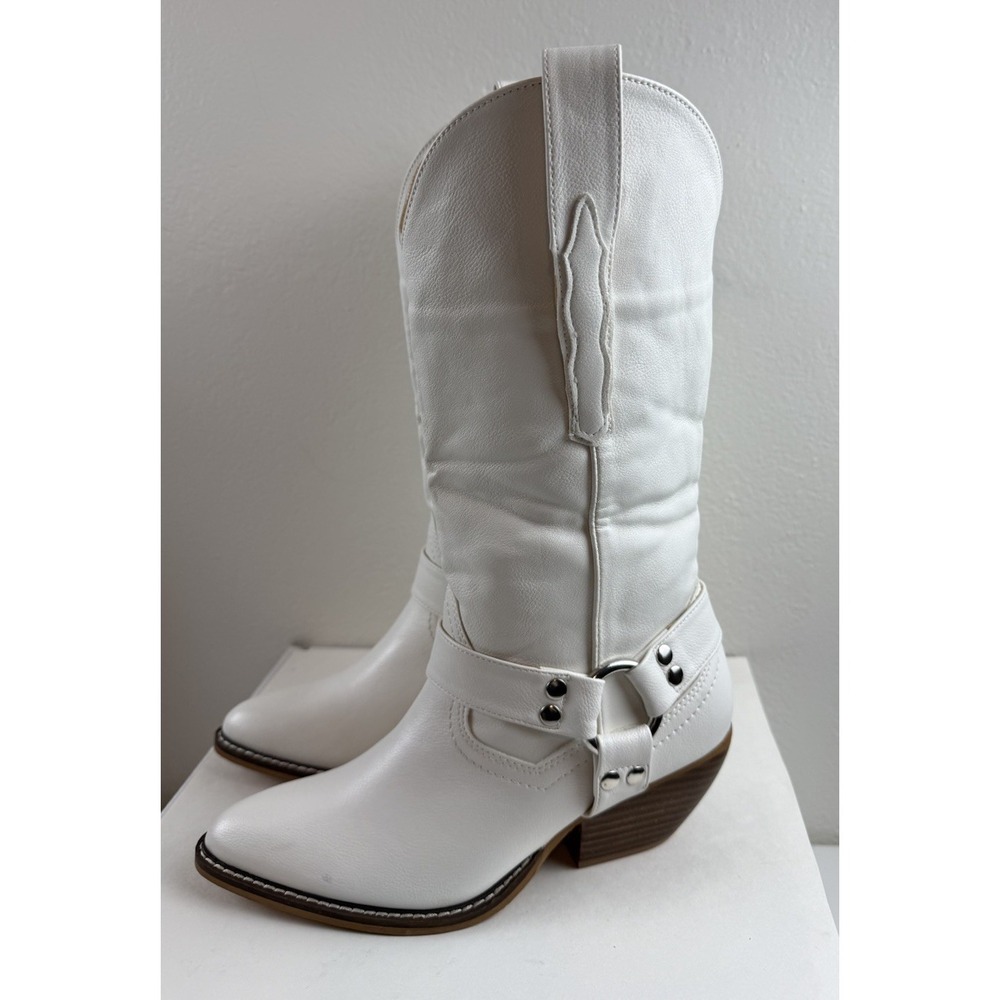 A Rider Girl White Faux Leather Western Cowboy Boots Harness Mid Calf Womens 6.5